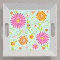 Spring Flowers Plastic Serving Tray 10 inch square with handles