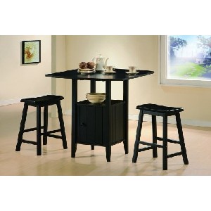 3 Pc Black Finish Counter Height Drop Leaf Pub Set with Saddle Stools