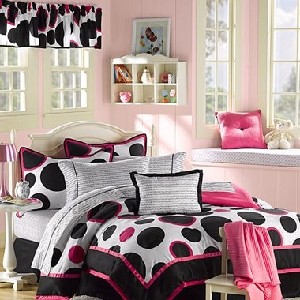 Black and Hot Pink Polka Dots Teen Girls Full Comforter Set