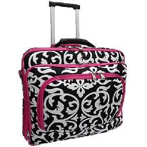 Ladies DAMASK with Pink Trim Rolling 15 and a half inch Computer Laptop Bag Brief Case