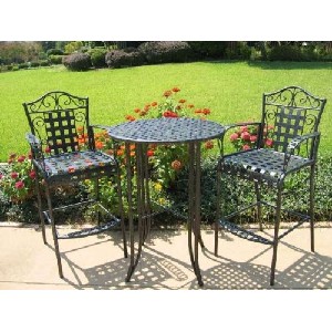 MANDALAY BAR BISTRO SET - BAR TABLE and 2 CHAIRS with ARMS in ANTIQUE BLACK - PATIO FURNITURE