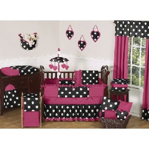 Modern Pink Black and White Hot Dot Designer Baby Girl Crib Bedding