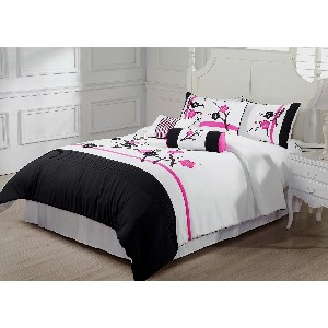 Chezmoi Collection 7 Piece Pink White Black Sakura Blossom Tree Comforter Bed in a Bag Set
