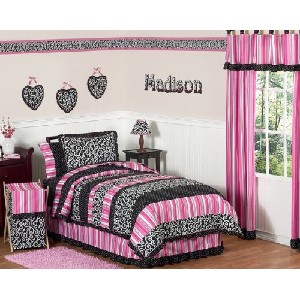 Pink and Black Madison Girls Kids and Teen Bedding 4pc Twin Set