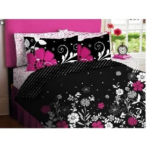 Pink & Black Teen Girls Queen Comforter & Sheet Set