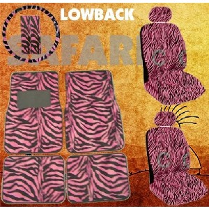 11pc Safari Pink Zebra Print Car Floor Mats, Low Back Seat Covers, Steering Wheel Cover & Shoulder Pad Set