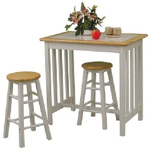 3pc Small Kitchen Table and Chairs Set with Tile Top in White/ Natural Finish