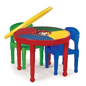 Tot Tutors CT599 2-in-1 Round Plastic Construction Table and 2 Chairs Primary Colors