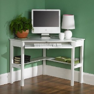 White Corner Shaped Desk with Keyboard Drawer