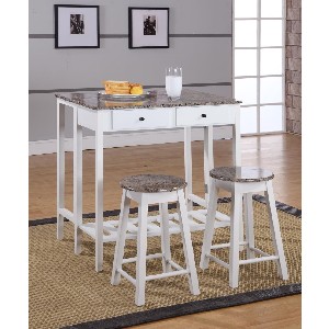 3 Pc. Kings Brand White Finish Wood Table and Stools with Marble Laminate Tops