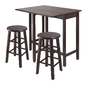 Winsome Lynnwood Drop Leaf Island Table with 2 Square Legs Stool Walnut, 3-Piece